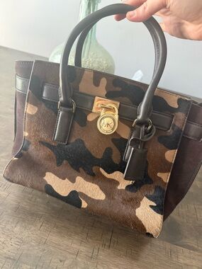 Michael Kors Brown Camouflage Leather Satchel with Gold Hardware